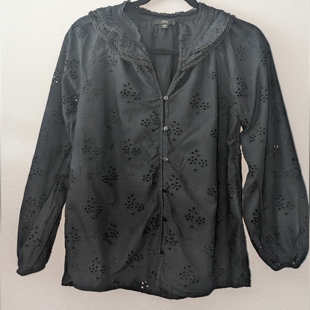 J.Crew Black Eyelet Peasant Top